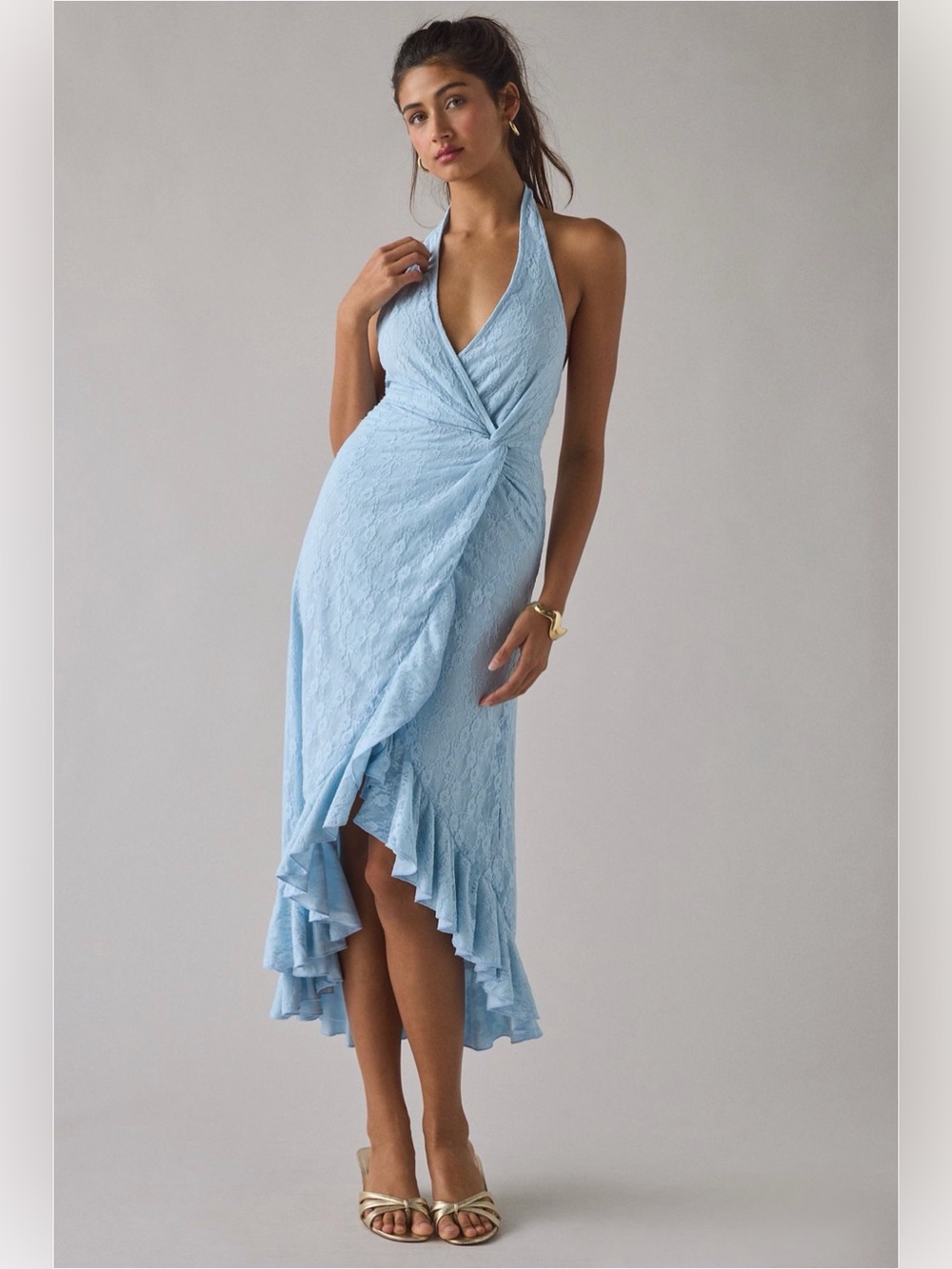 NWT UO Lace Ruffle Get It Twisted Knot Halter Midi Dress - Baby Blue - Small